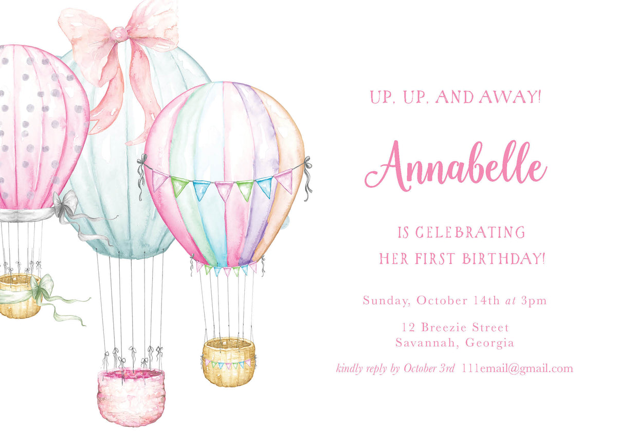Watercolor Hot Air Balloons Birthday Party Invitation – Eldridge Stationers