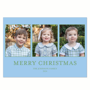 Traditional Horizontal Christmas Card Green on Blue