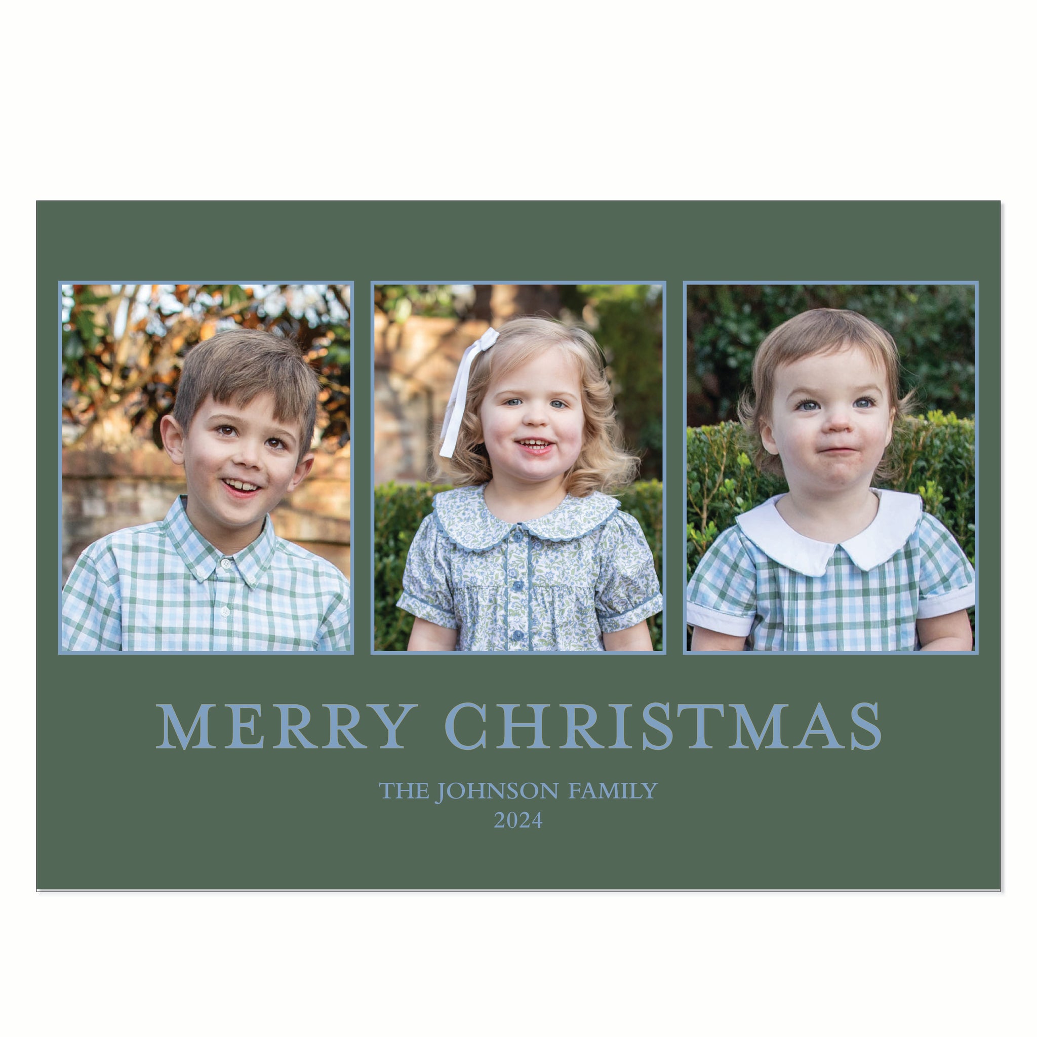 Traditional Horizontal Christmas Card Blue on Green