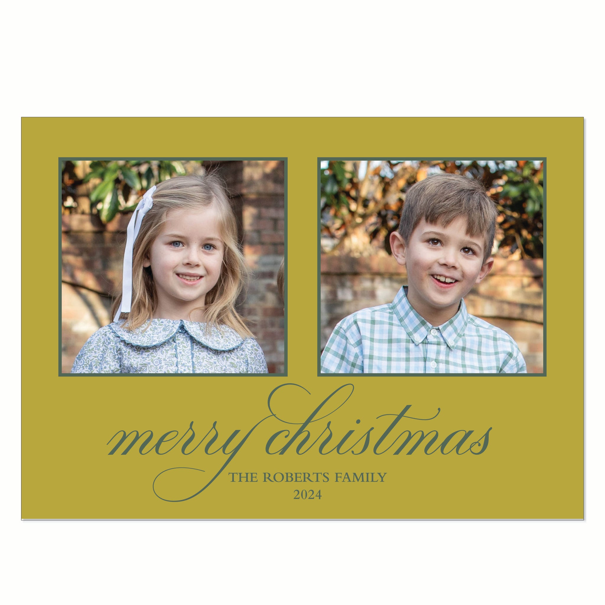 Traditional Horizontal Christmas Card Green on Chartreuse