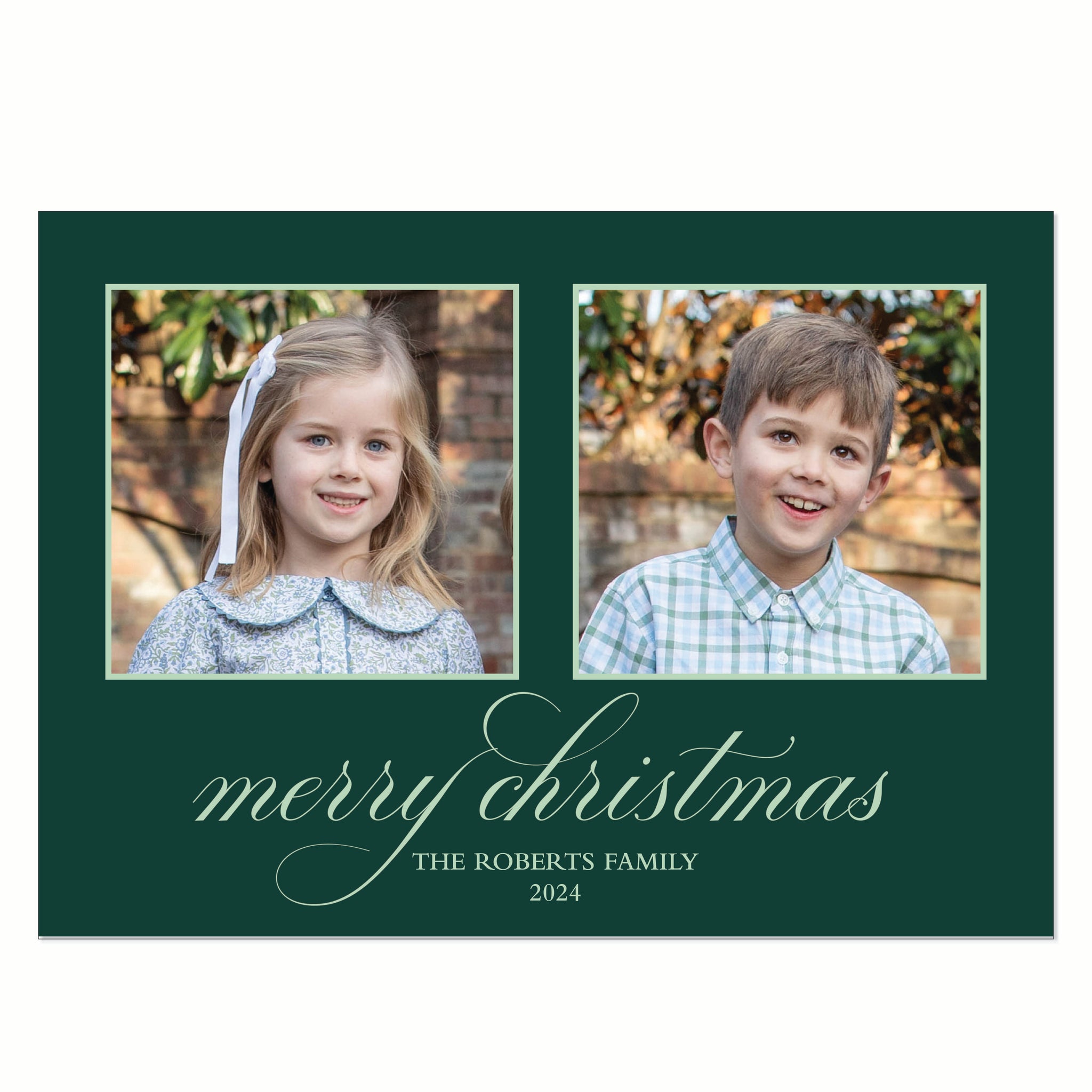 Traditional Horizontal Christmas Card Green on Dark Green