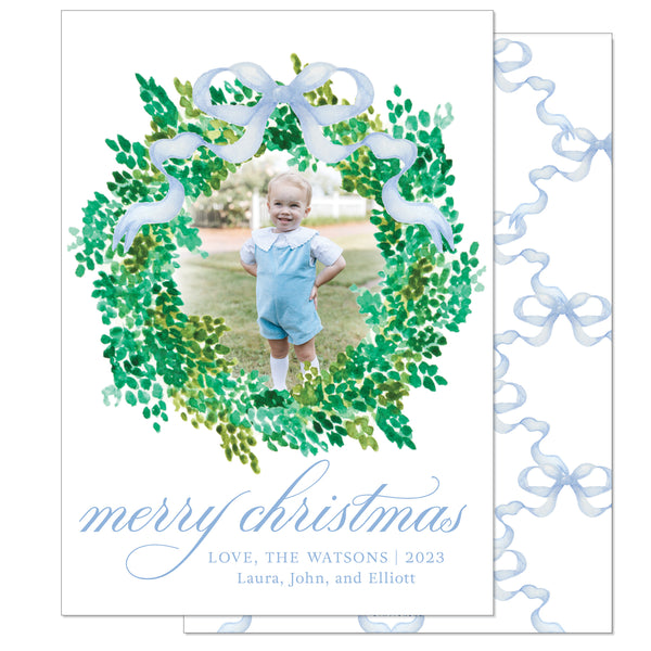 Winter Wreath Blue Bow Holiday Card