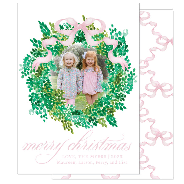 Winter Wreath Pink Bow Holiday Card