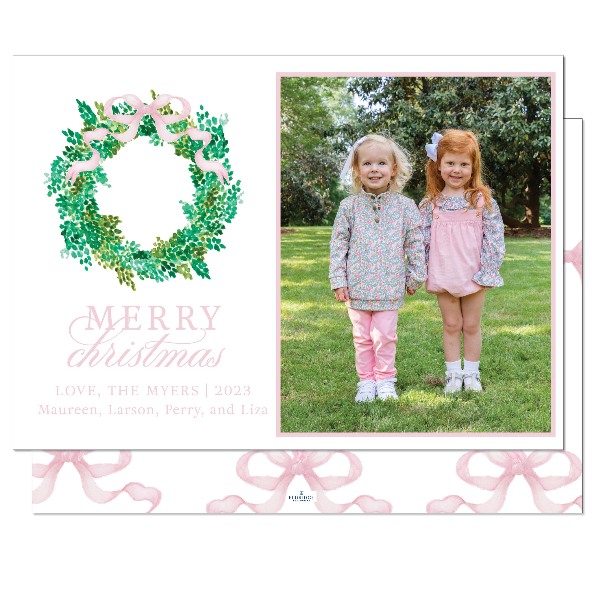 Winter Wreath Pink Bow-Landscape Holiday Card