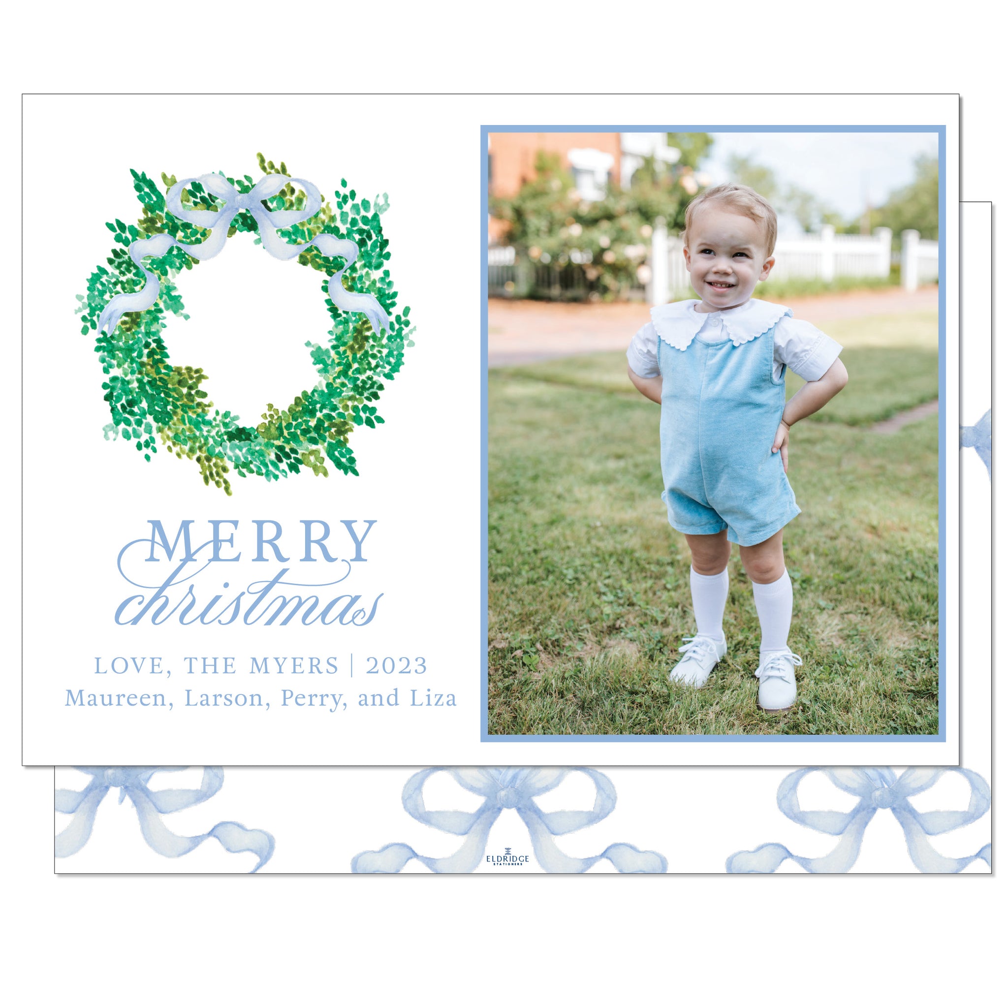Winter Wreath Blue Bow-Landscape Holiday Card