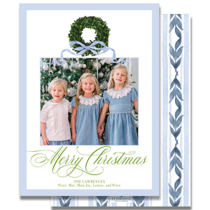 Boxwood Wreath Blue Bow Holiday Card