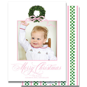 Boxwood Wreath Pink Bow Holiday Card
