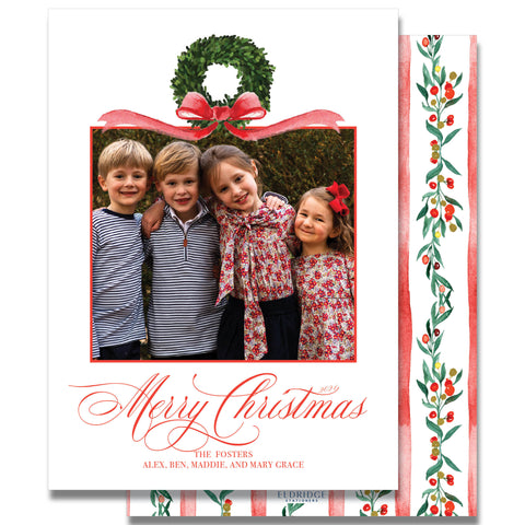 Boxwood Wreath Red Bow Holiday Card