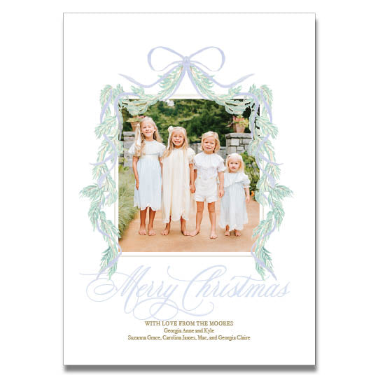 Blue Bow Swag Calligraphy Holiday Card