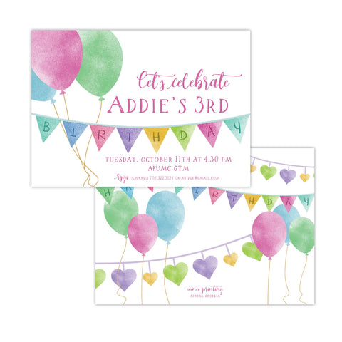 Horizontal Let's Celebrate with Balloons Birthday Party Invitation