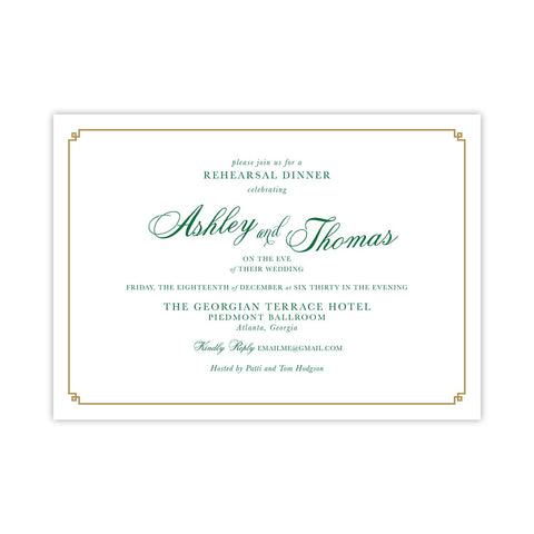 Formal Gold and Green Rehearsal Dinner Invitation