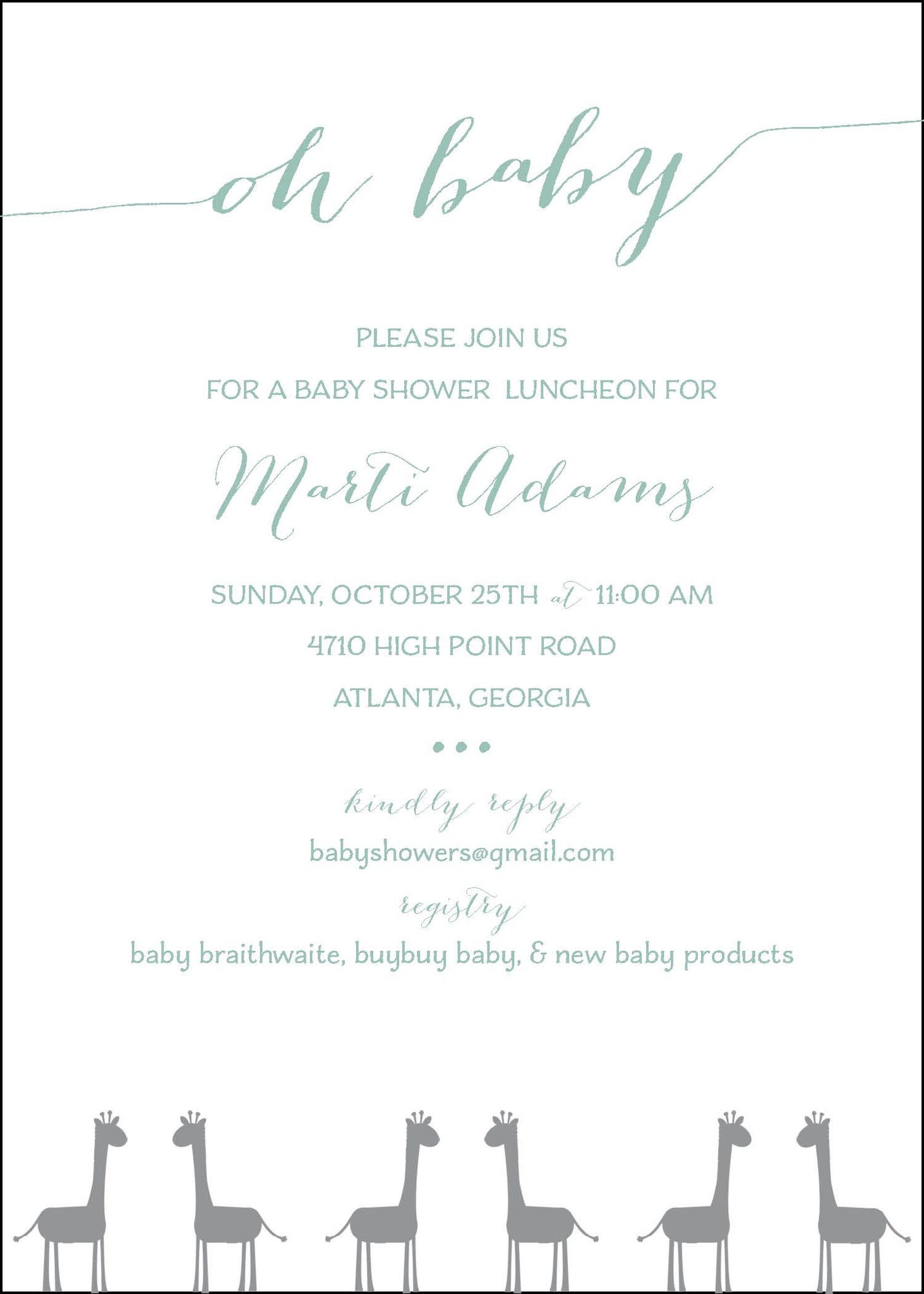 Oh Baby Giraffe Baby Shower Invitation