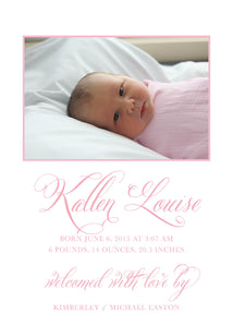 Large Script Vertical Birth Announcement