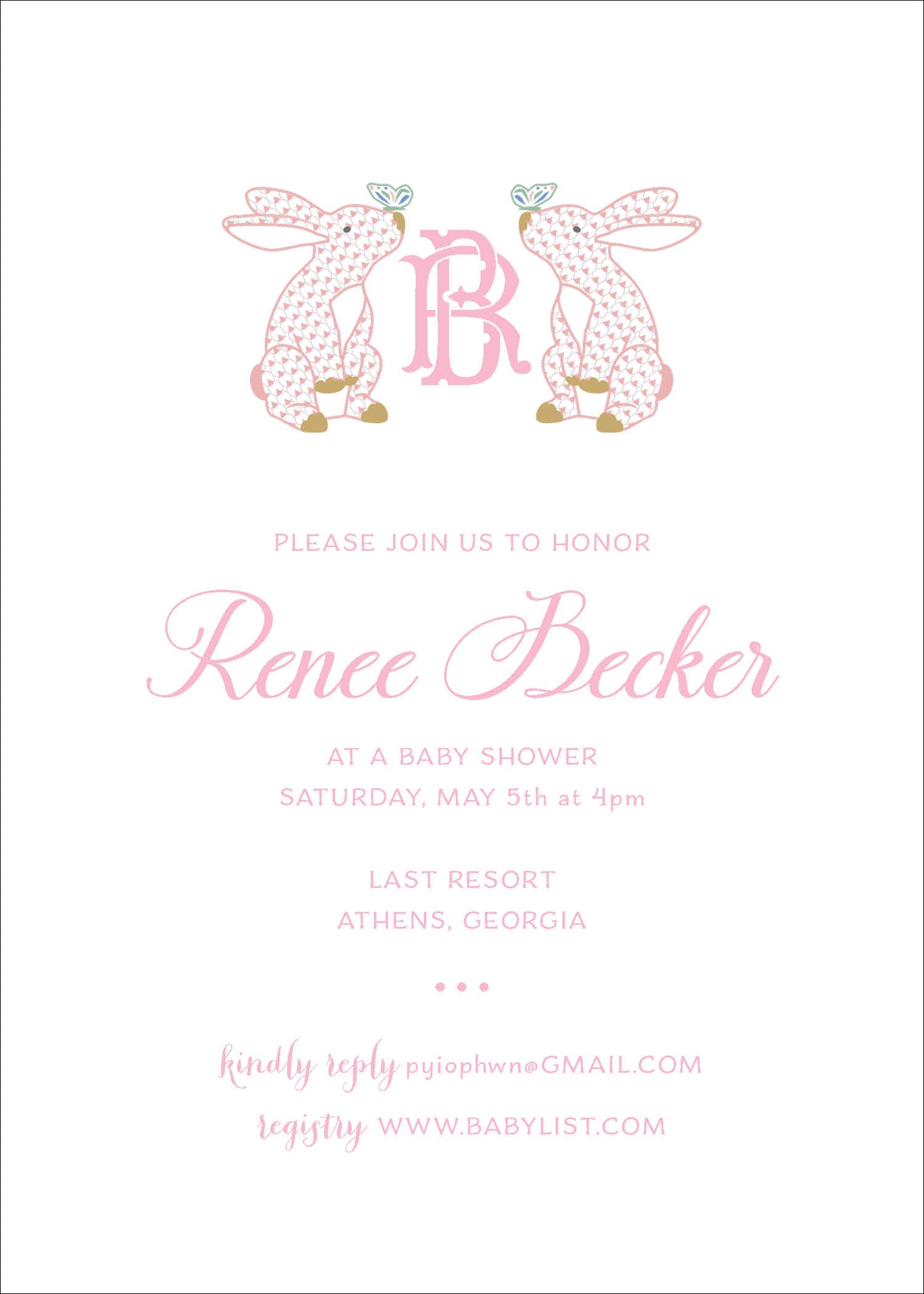 Herend Pink Bunnies Monogrammed Baby Shower Invitation
