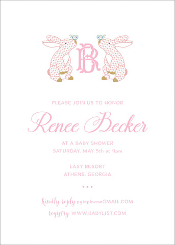 Herend Pink Bunnies Monogrammed Baby Shower Invitation