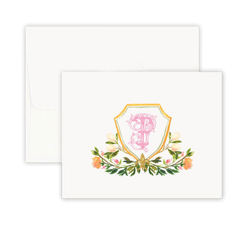 Watercolor Floral Crest Personalized Fold Over Note Card