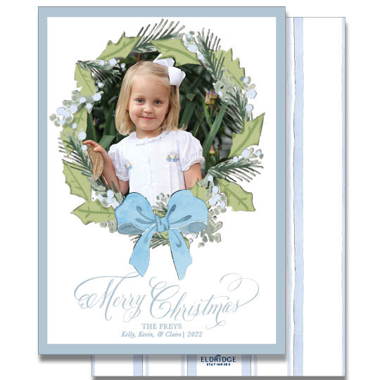 Holly Wreath Blue Holiday Card