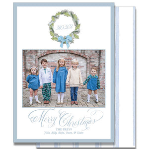 Holly Wreath Blue Boarder Holiday Card