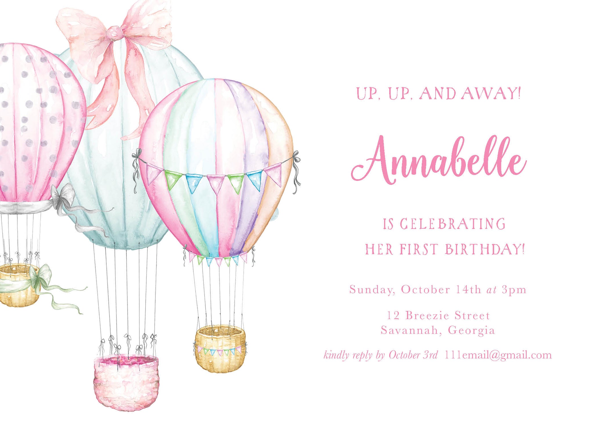 Watercolor Hot Air Balloons Birthday Party Invitation