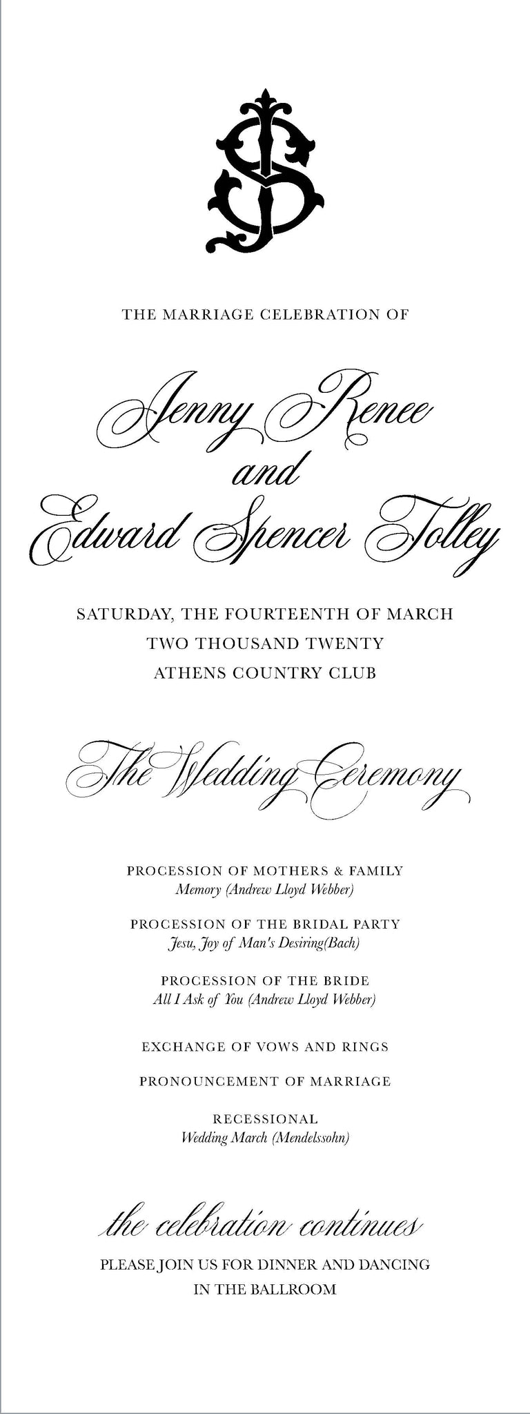 The Jenny Wedding Program