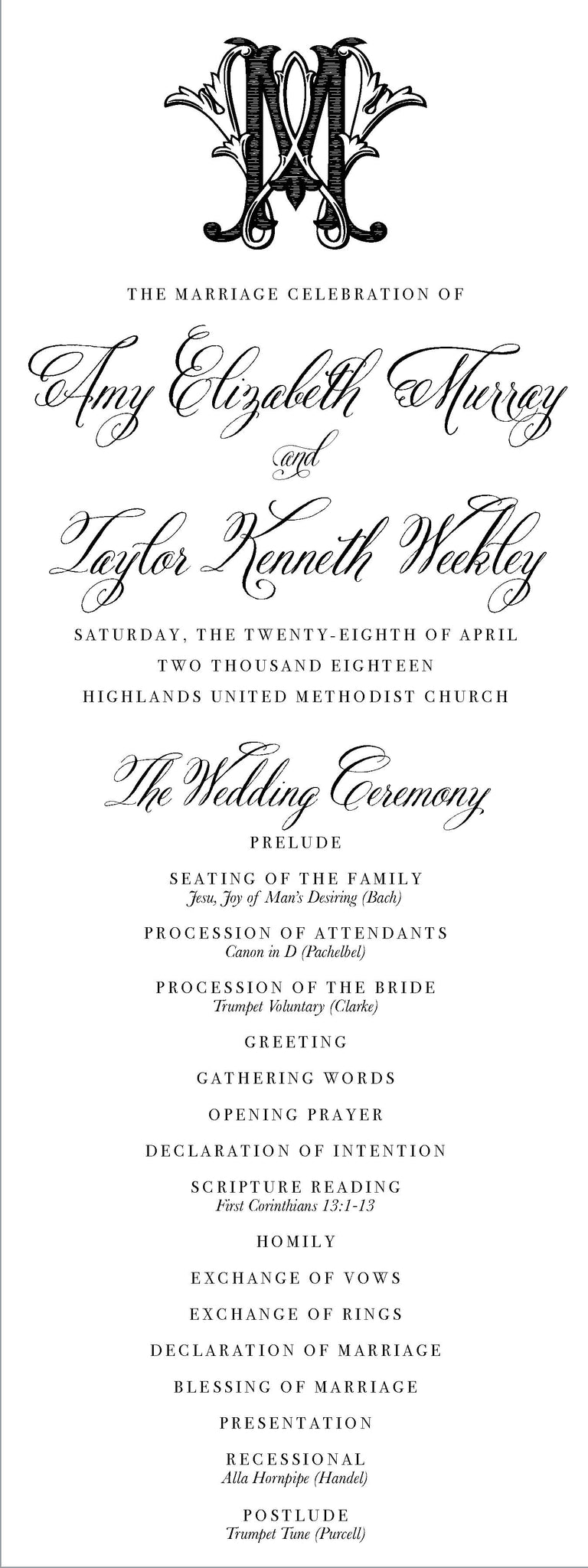 The Amy Elizabeth Wedding Program