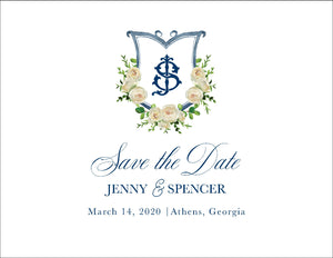 Floral and Blue Crest Save the Date