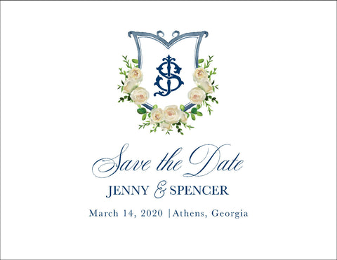 Floral and Blue Crest Save the Date
